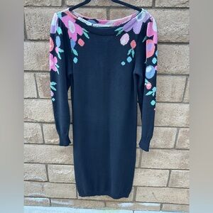 Vintage 80s Bob Mackie Sweater Dress Graphic Floral